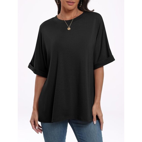 💫 Women Casual Loose Basic Tee Shirt Black Short Sleeve Trendy Fashion Tops - Picture 5 of 8